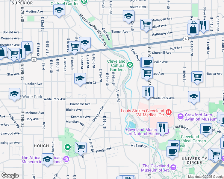map of restaurants, bars, coffee shops, grocery stores, and more near 1445 East 94th Street in Cleveland