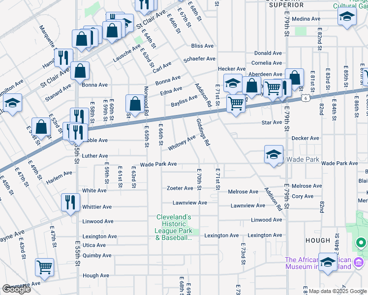 map of restaurants, bars, coffee shops, grocery stores, and more near 1372 Russell Road in Cleveland