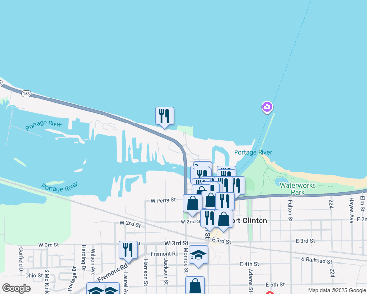 map of restaurants, bars, coffee shops, grocery stores, and more near 214 West Lakeshore Drive in Port Clinton