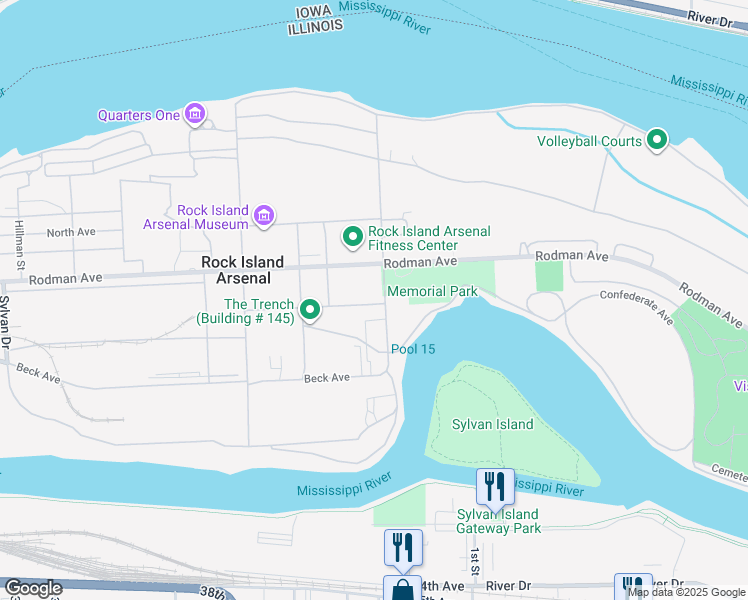 map of restaurants, bars, coffee shops, grocery stores, and more near 3438 Rodman Avenue in Rock Island