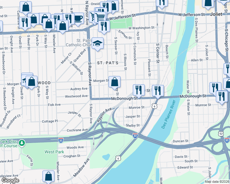 map of restaurants, bars, coffee shops, grocery stores, and more near 318 Dewey Street in Joliet