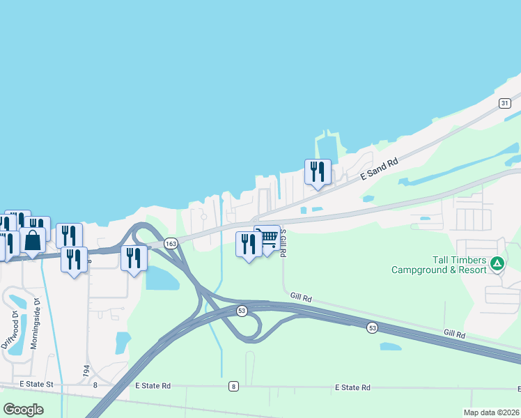 map of restaurants, bars, coffee shops, grocery stores, and more near 2083 East Sand Road in Port Clinton