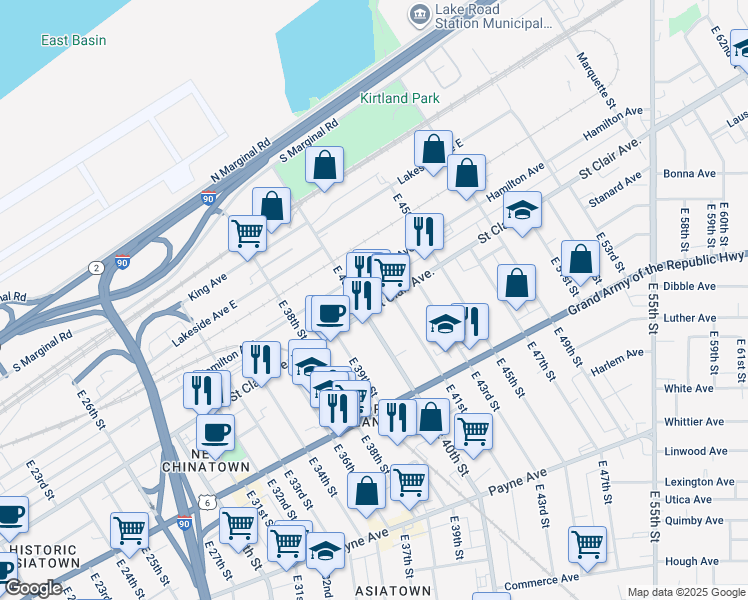 map of restaurants, bars, coffee shops, grocery stores, and more near 1321 East 40th Street in Cleveland