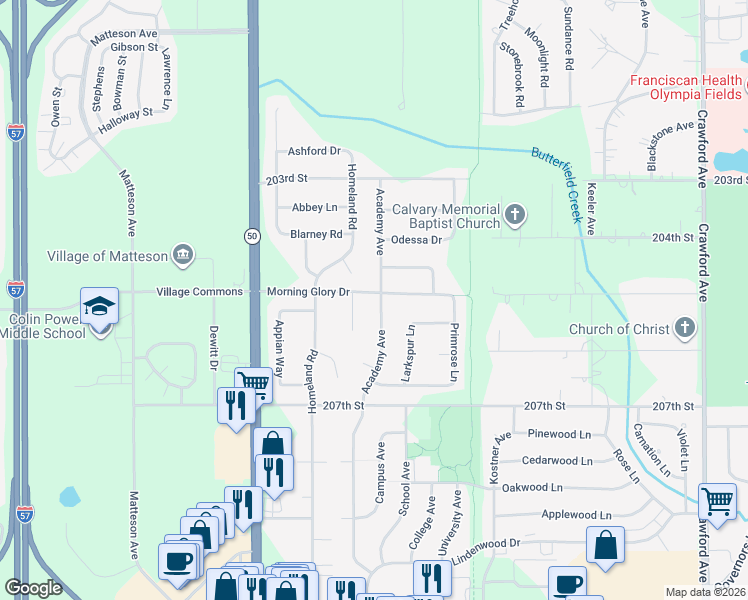 map of restaurants, bars, coffee shops, grocery stores, and more near 4601 Morning Glory Drive in Matteson