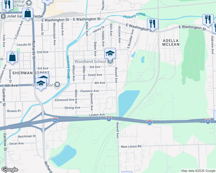 map of restaurants, bars, coffee shops, grocery stores, and more near 402 Hobbs Avenue in Joliet
