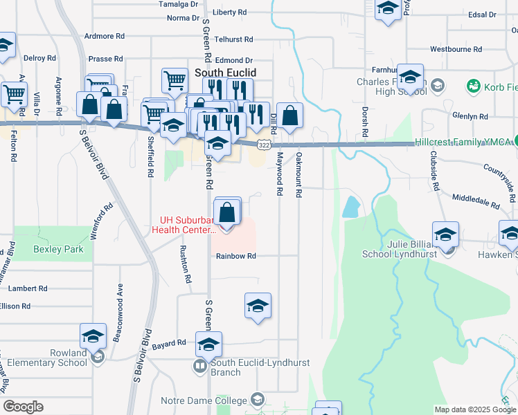 map of restaurants, bars, coffee shops, grocery stores, and more near 1556 Novicky Court in South Euclid
