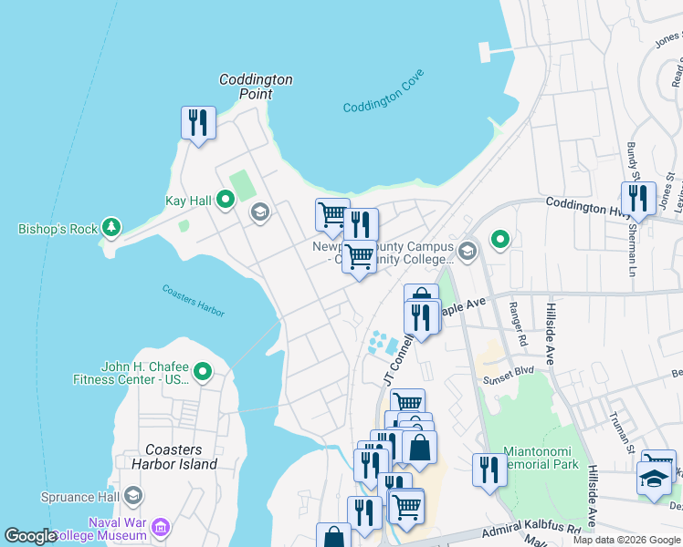 map of restaurants, bars, coffee shops, grocery stores, and more near 690 Peary Street in Newport