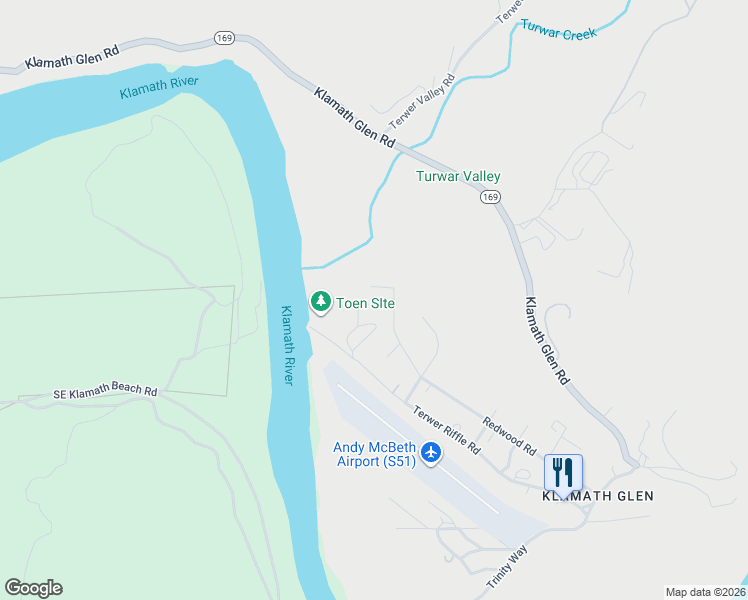 map of restaurants, bars, coffee shops, grocery stores, and more near 20 Ash Road in Klamath