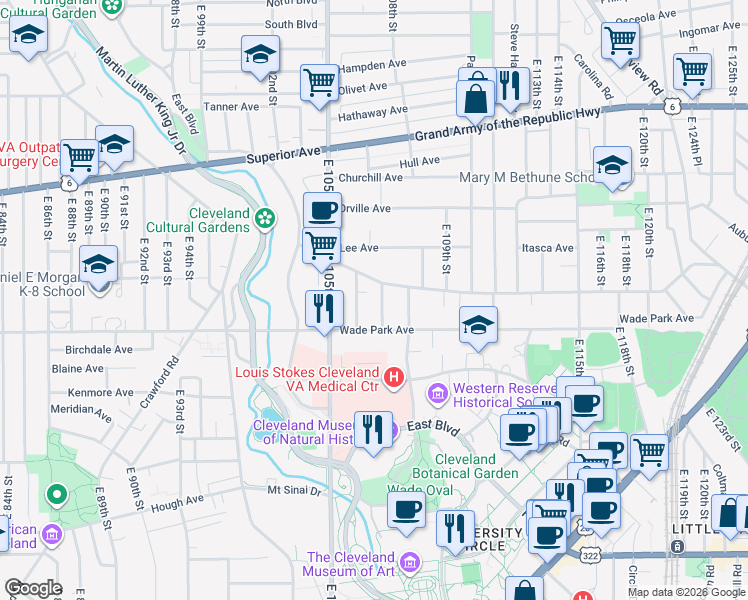 map of restaurants, bars, coffee shops, grocery stores, and more near 1492 East 107th Street in Cleveland