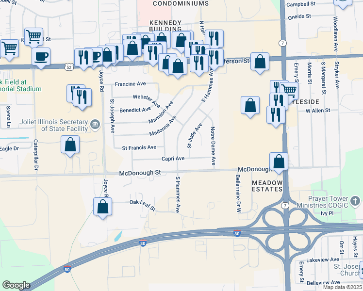 map of restaurants, bars, coffee shops, grocery stores, and more near 300 South Hammes Avenue in Joliet