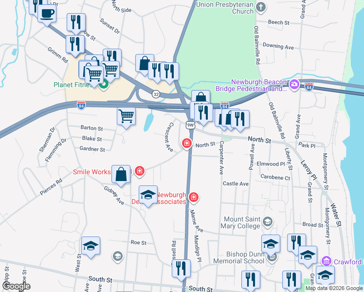 map of restaurants, bars, coffee shops, grocery stores, and more near 172 North Street in Newburgh