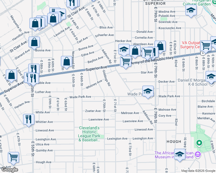 map of restaurants, bars, coffee shops, grocery stores, and more near 1378 Giddings Road in Cleveland