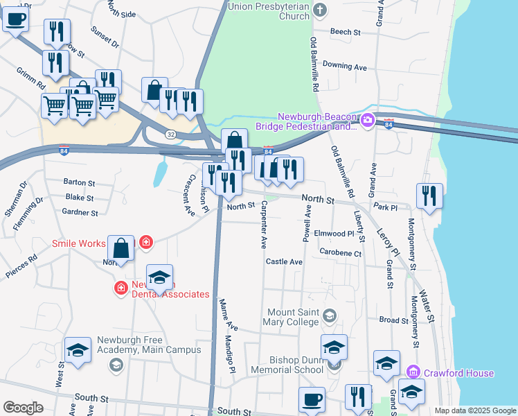 map of restaurants, bars, coffee shops, grocery stores, and more near 111 North Street in Newburgh