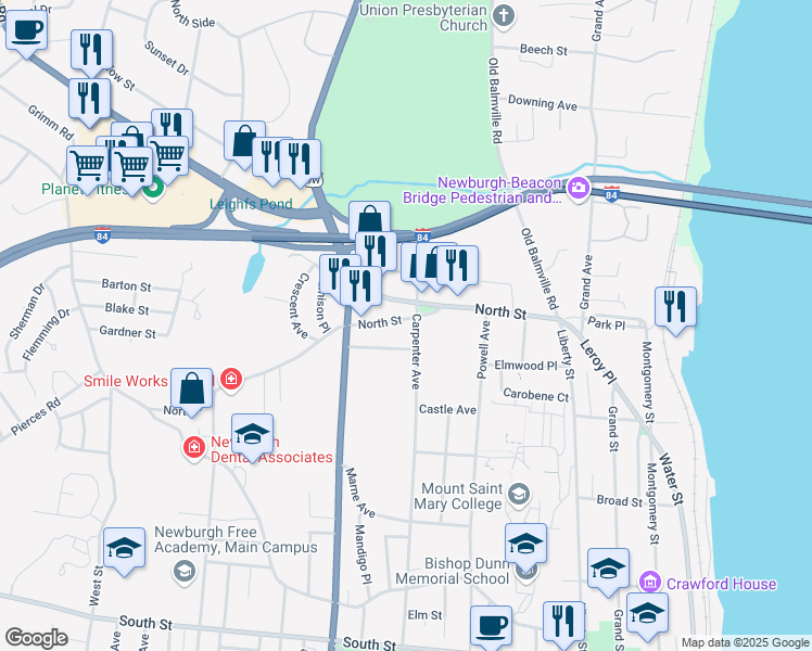map of restaurants, bars, coffee shops, grocery stores, and more near 145 North Street in Newburgh
