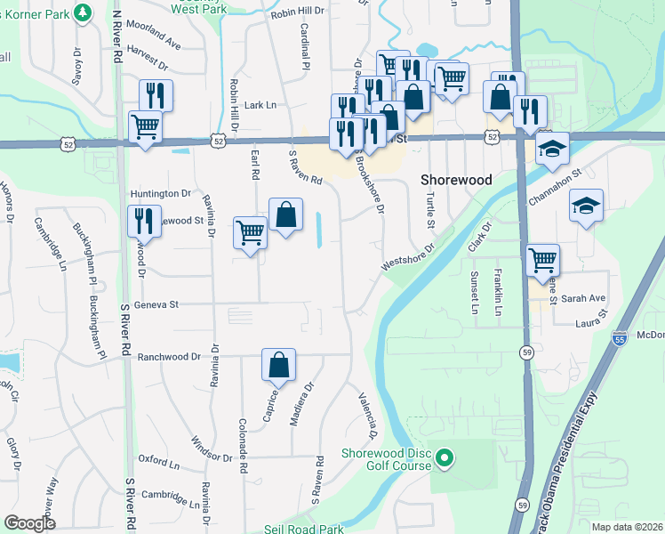 map of restaurants, bars, coffee shops, grocery stores, and more near 511 South Raven Road in Shorewood