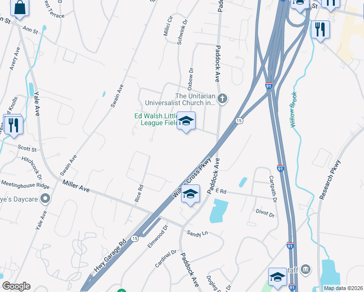 map of restaurants, bars, coffee shops, grocery stores, and more near 70 Overlook Road in Meriden