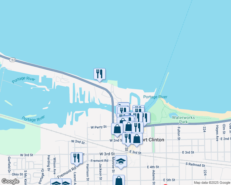 map of restaurants, bars, coffee shops, grocery stores, and more near 214 West Lakeshore Drive in Port Clinton