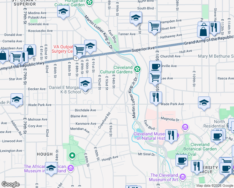 map of restaurants, bars, coffee shops, grocery stores, and more near 1453 East 94th Street in Cleveland
