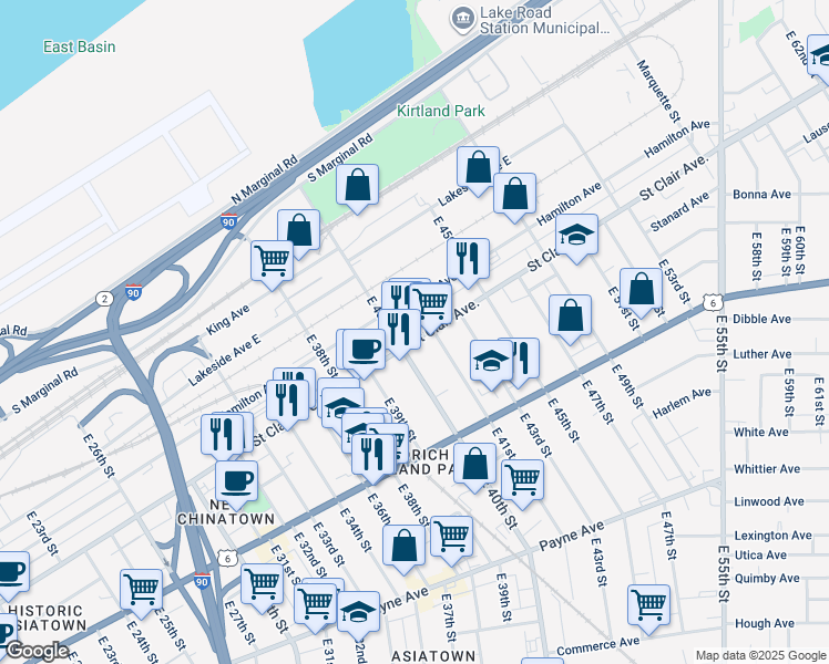map of restaurants, bars, coffee shops, grocery stores, and more near 1321 East 40th Street in Cleveland
