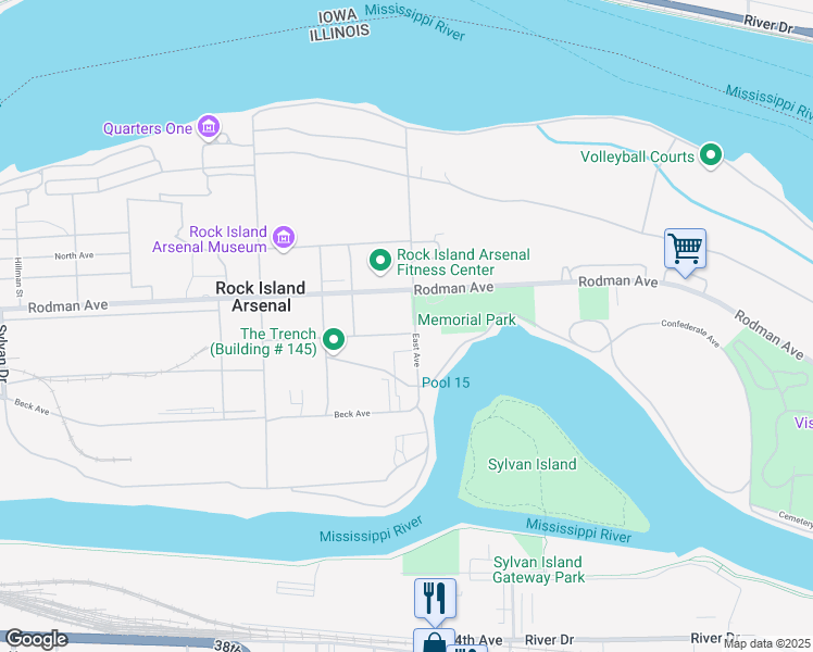 map of restaurants, bars, coffee shops, grocery stores, and more near 3438 Rodman Avenue in Rock Island