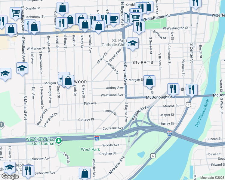 map of restaurants, bars, coffee shops, grocery stores, and more near 818 Audrey Avenue in Joliet