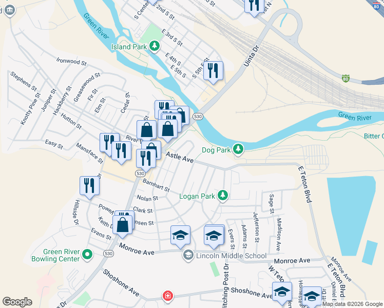 map of restaurants, bars, coffee shops, grocery stores, and more near 398 Hoover Drive in Green River