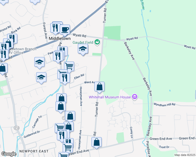 map of restaurants, bars, coffee shops, grocery stores, and more near 333 Turner Road in Middletown