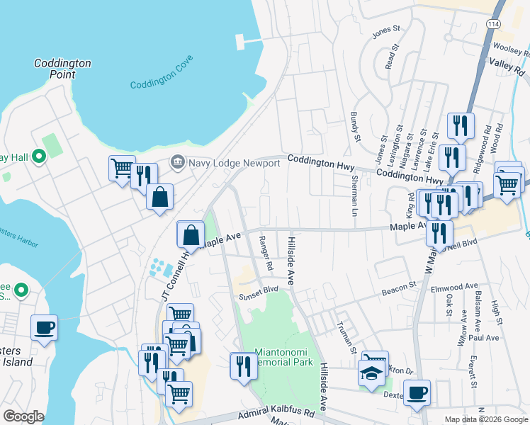 map of restaurants, bars, coffee shops, grocery stores, and more near 231 Maple Avenue in Newport