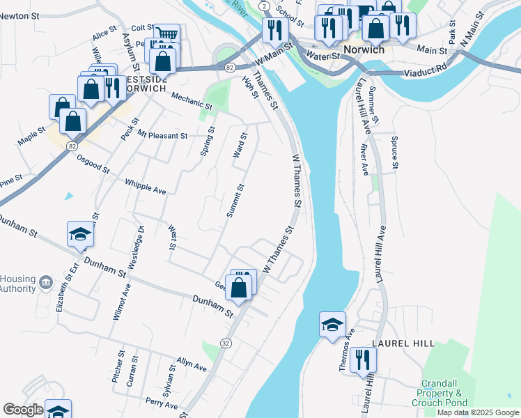 map of restaurants, bars, coffee shops, grocery stores, and more near 424 Old Pond Lane in Norwich
