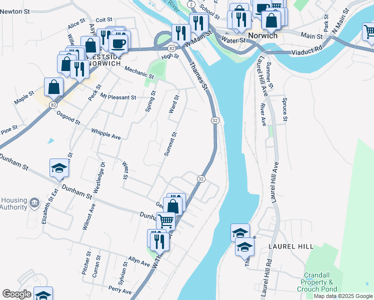 map of restaurants, bars, coffee shops, grocery stores, and more near 424 Old Pond Lane in Norwich
