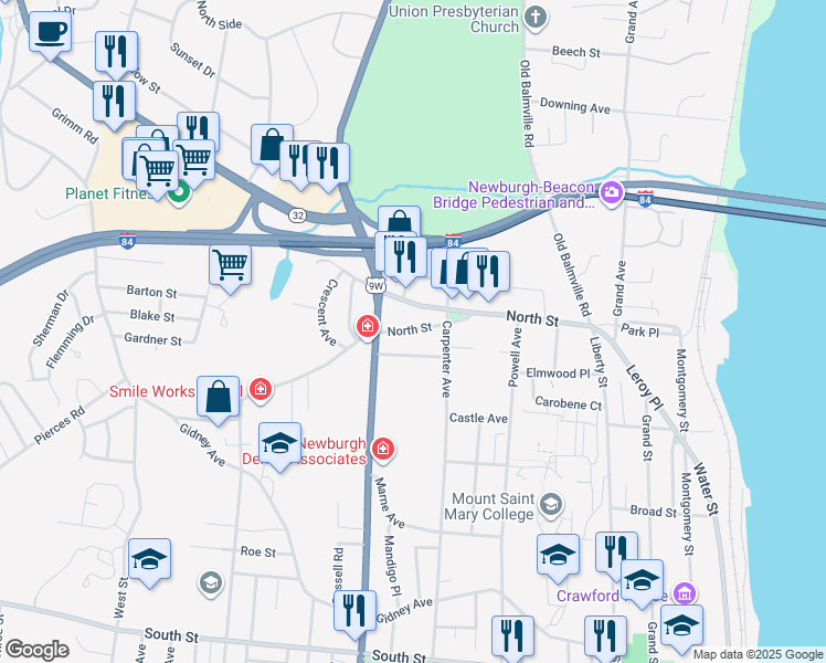 map of restaurants, bars, coffee shops, grocery stores, and more near 152 North Street in Newburgh