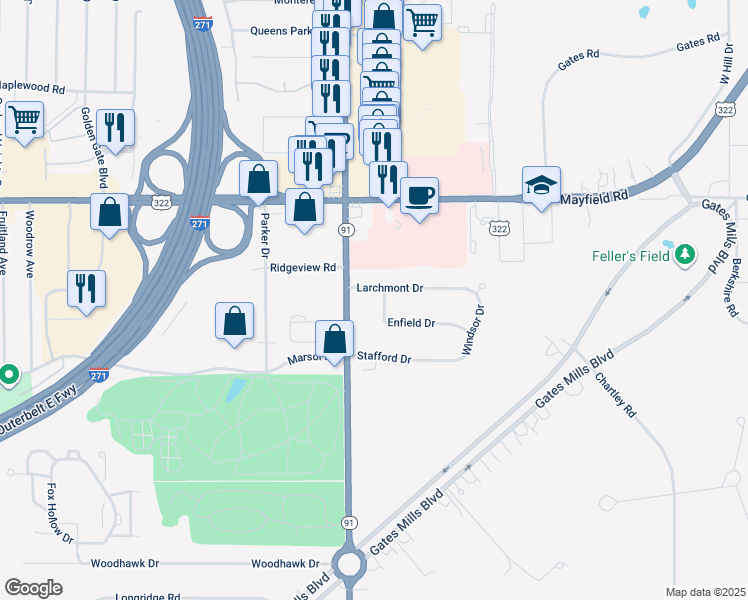 map of restaurants, bars, coffee shops, grocery stores, and more near 6700 Larchmont Drive in Mayfield Heights