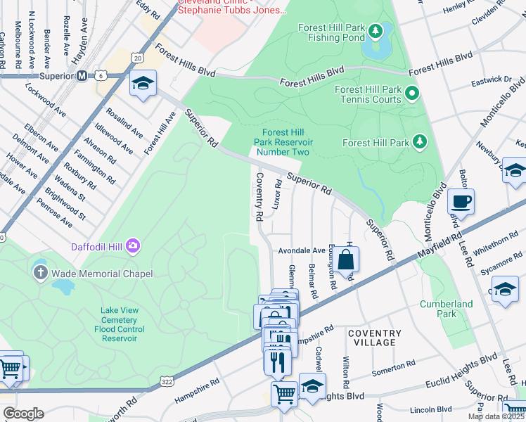 map of restaurants, bars, coffee shops, grocery stores, and more near 1546 Luxor Road in East Cleveland