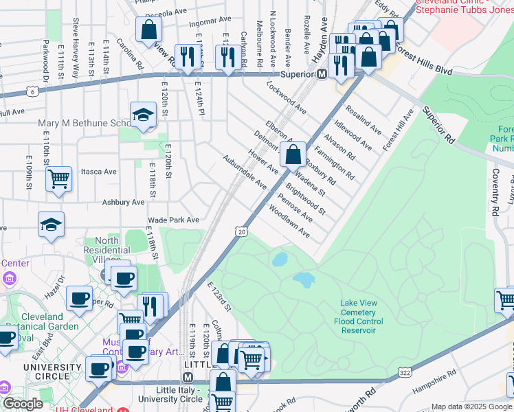 map of restaurants, bars, coffee shops, grocery stores, and more near 12538 Euclid Avenue in East Cleveland