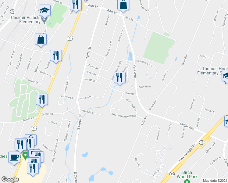 map of restaurants, bars, coffee shops, grocery stores, and more near 70 Scott Street in Meriden