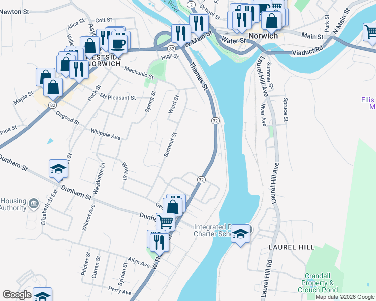 map of restaurants, bars, coffee shops, grocery stores, and more near 424 Old Pond Lane in Norwich