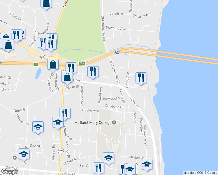 map of restaurants, bars, coffee shops, grocery stores, and more near 25 North Street in Newburgh
