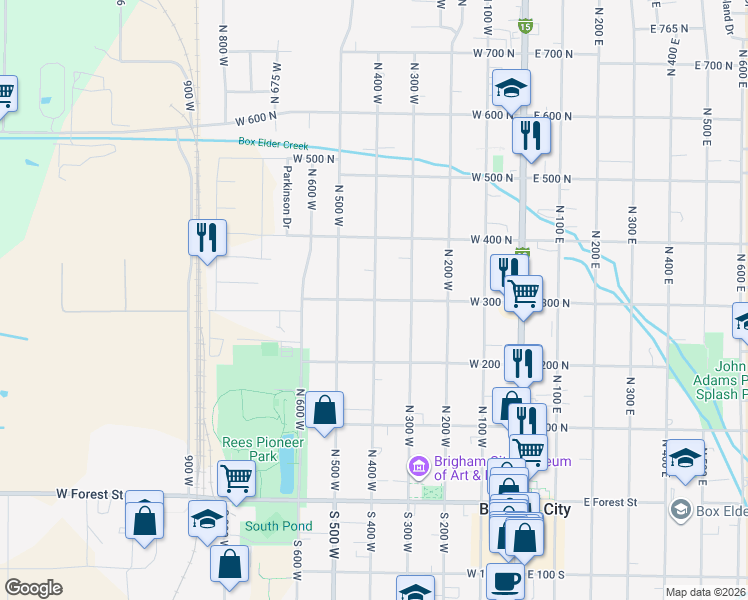 map of restaurants, bars, coffee shops, grocery stores, and more near 301 North 400 West in Brigham City