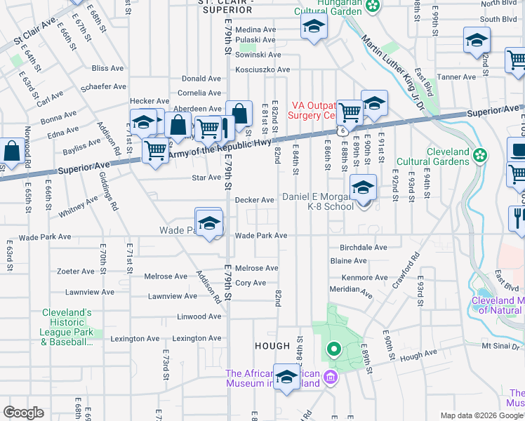 map of restaurants, bars, coffee shops, grocery stores, and more near 1407 East 81st Street in Cleveland