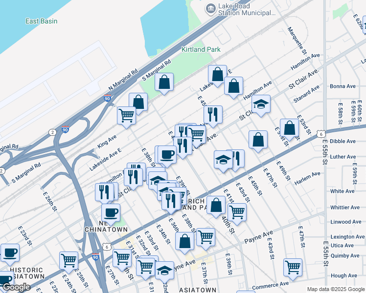 map of restaurants, bars, coffee shops, grocery stores, and more near 1321 East 40th Street in Cleveland