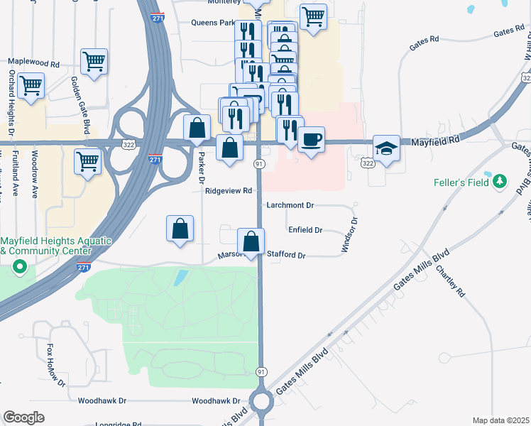 map of restaurants, bars, coffee shops, grocery stores, and more near 6692 Larchmont Drive in Mayfield Heights