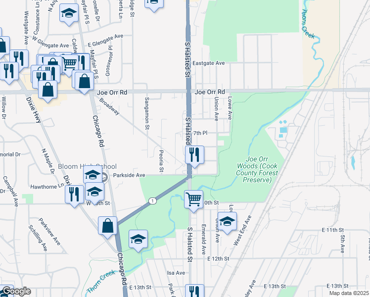 map of restaurants, bars, coffee shops, grocery stores, and more near 800 South Halsted Street in Chicago Heights