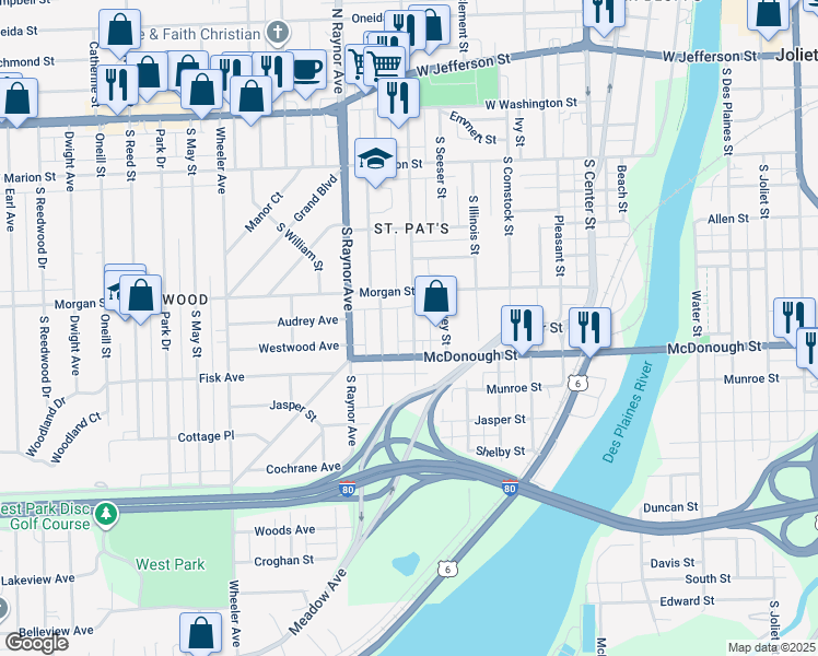 map of restaurants, bars, coffee shops, grocery stores, and more near 313 South Hunter Avenue in Joliet