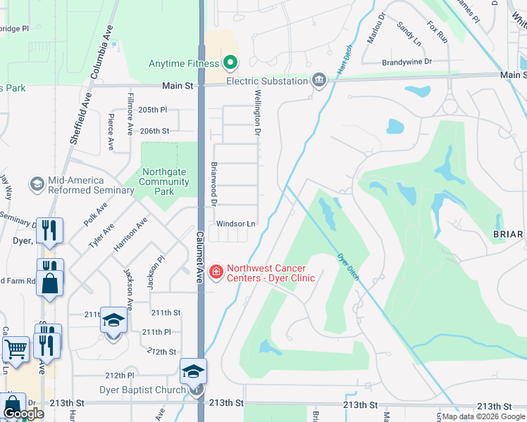 map of restaurants, bars, coffee shops, grocery stores, and more near 809 Wellington Drive in Dyer