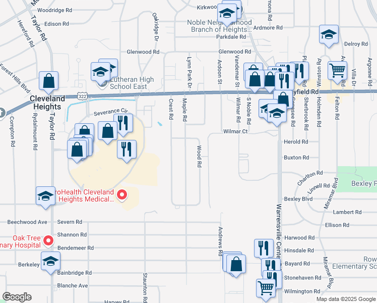 map of restaurants, bars, coffee shops, grocery stores, and more near 1577 Maple Road in Cleveland Heights