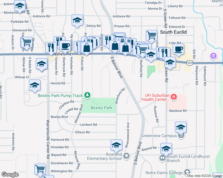 map of restaurants, bars, coffee shops, grocery stores, and more near 1576 Laclede Road in South Euclid