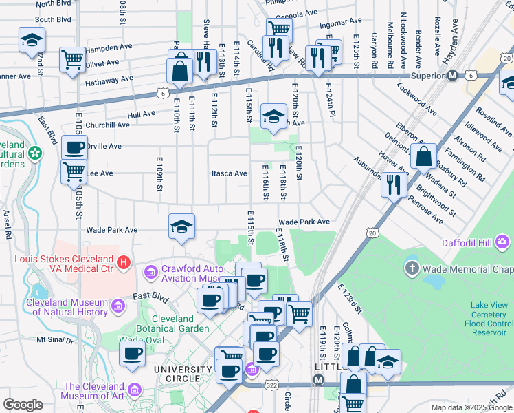 map of restaurants, bars, coffee shops, grocery stores, and more near 11508 Ashbury Avenue in Cleveland