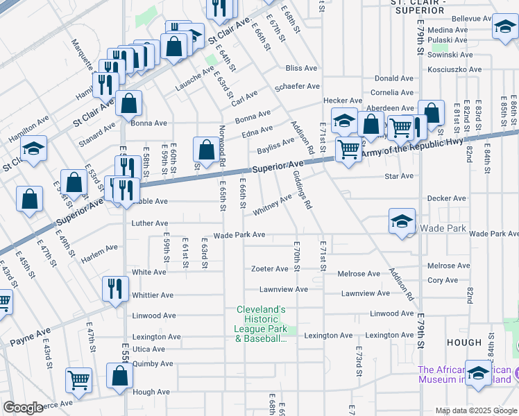 map of restaurants, bars, coffee shops, grocery stores, and more near 1364 East 68th Street in Cleveland