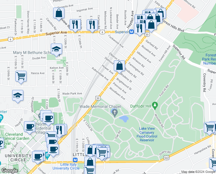 map of restaurants, bars, coffee shops, grocery stores, and more near 12538 Euclid Avenue in East Cleveland