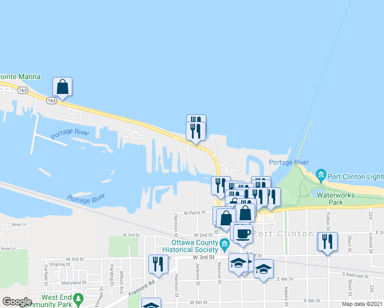 map of restaurants, bars, coffee shops, grocery stores, and more near 255 West Lakeshore Drive in Port Clinton